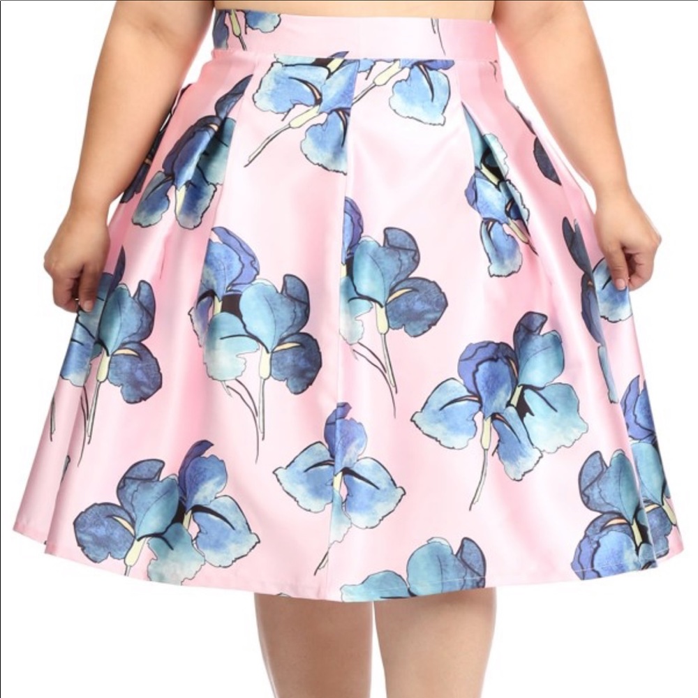 Pink Floral Midi Skirt with Blue Bloom Print